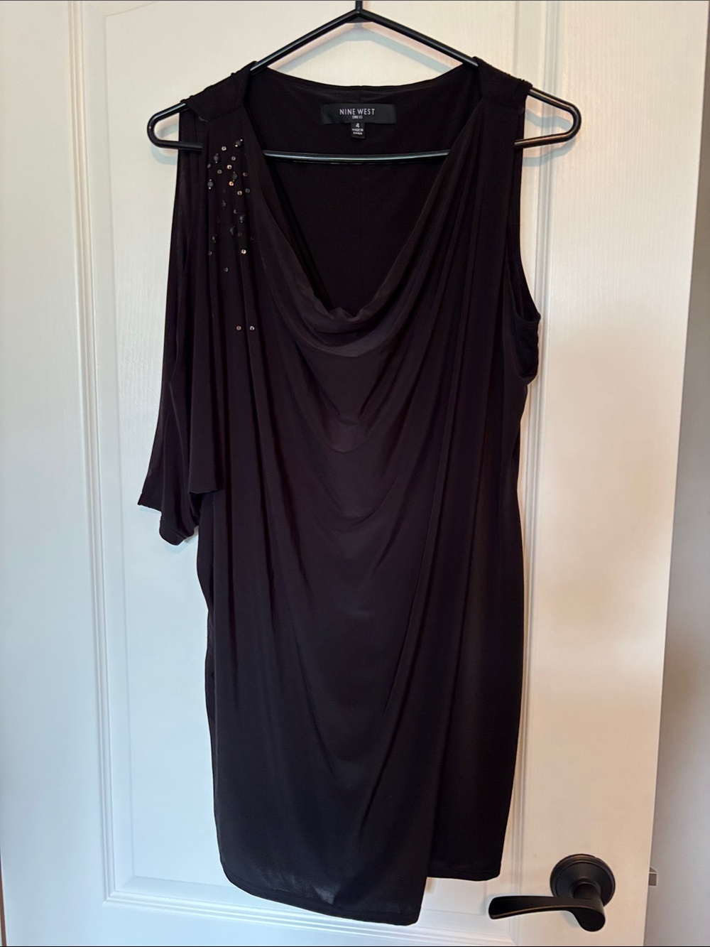 Nine West Black One-Shoulder Draped Evening Dress with Sequin Detail